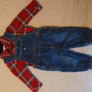 Cat & Jack Red Plaid Shirt with Baby B'gosh Blue Denim Overalls